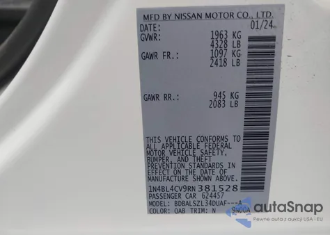 2024 Nissan Altima Sr Fwd из США, поврежденный, VIN 1N4BL4CV9RN381528